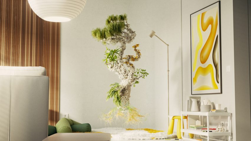 Visualisation of a fantastical-looking tree hovering in a room with half its body covered in a thick crop of white flowers