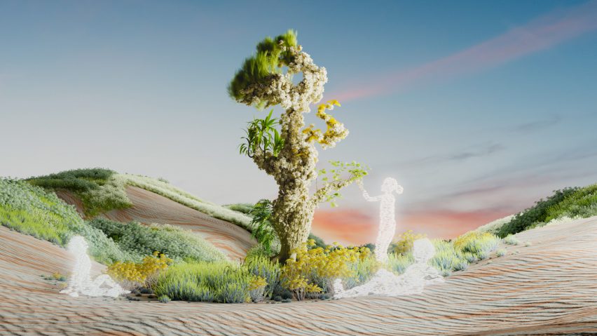Visualization of an otherworldly digital environment where glowing white figures interact with a tall, majestic tree