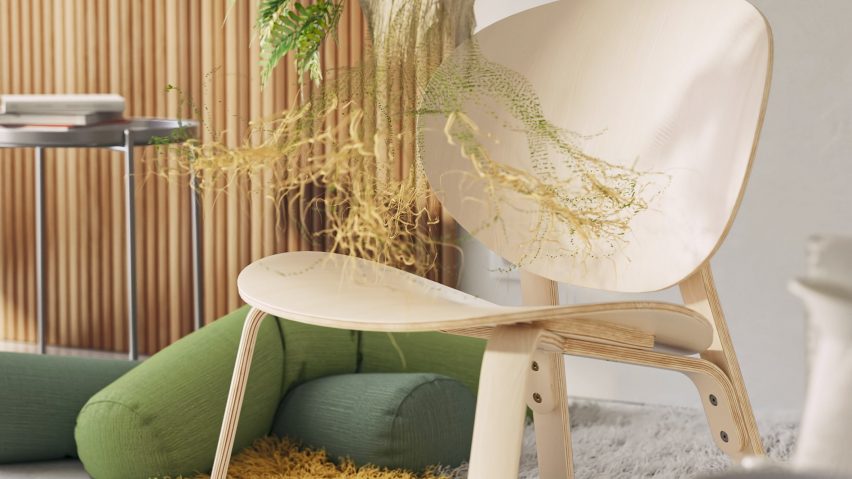 Visualisation of tree roots growing from the air above an IKEA Froset chair