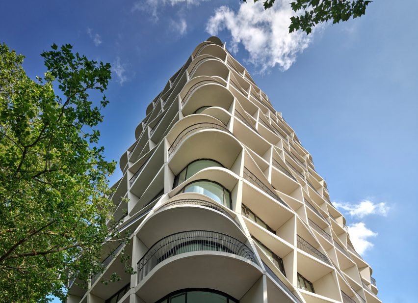 Q Residences undulating facade from below