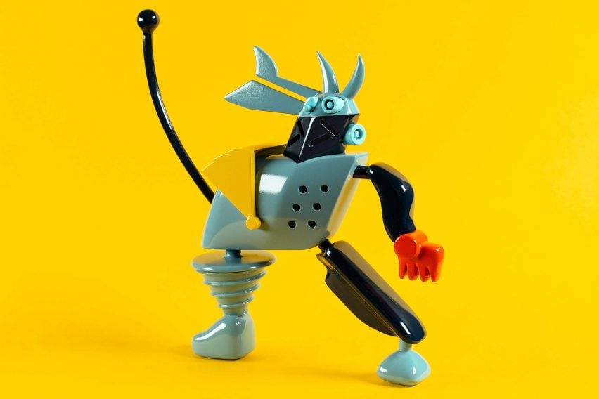 Robot in front of yellow background