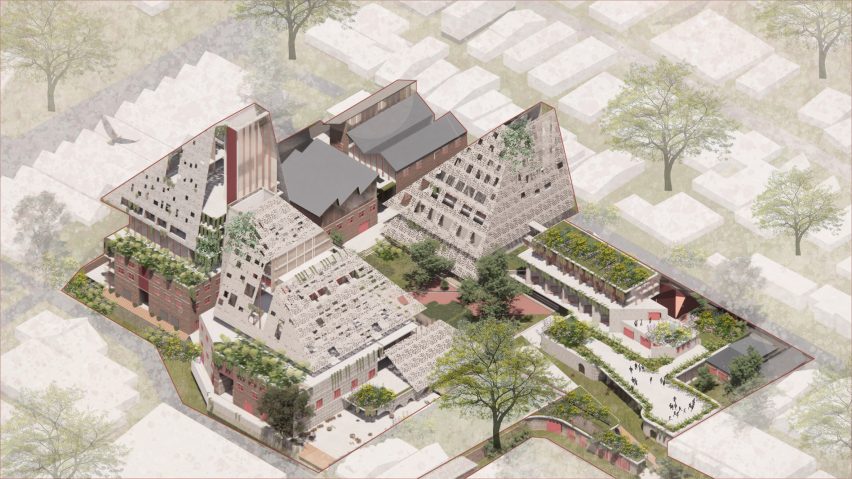 Aerial visualisation showing development with trees