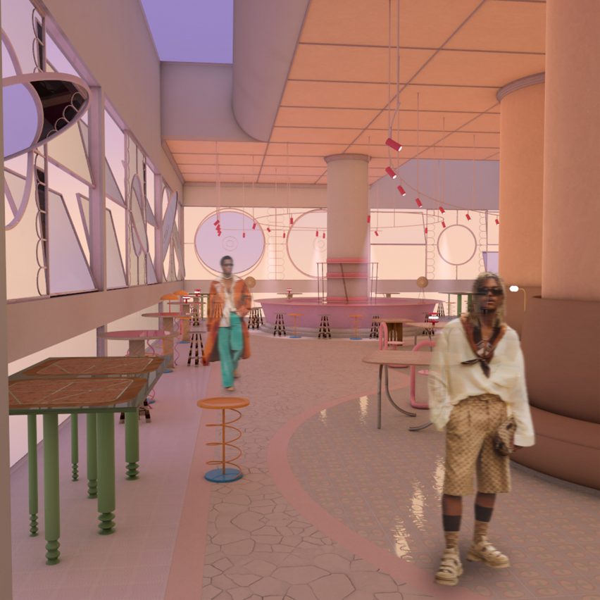 Visualisation showing figures in pastel-coloured communal space