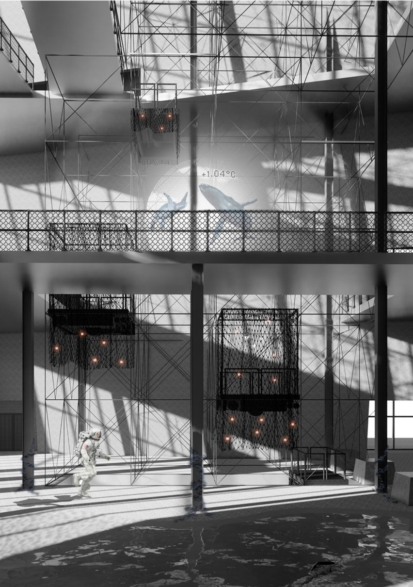 Greyscale visualisation of interior with crossing pathways