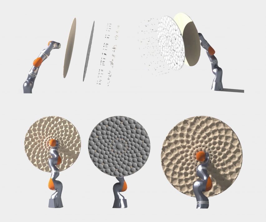 Board with visualisations of a circular textural object