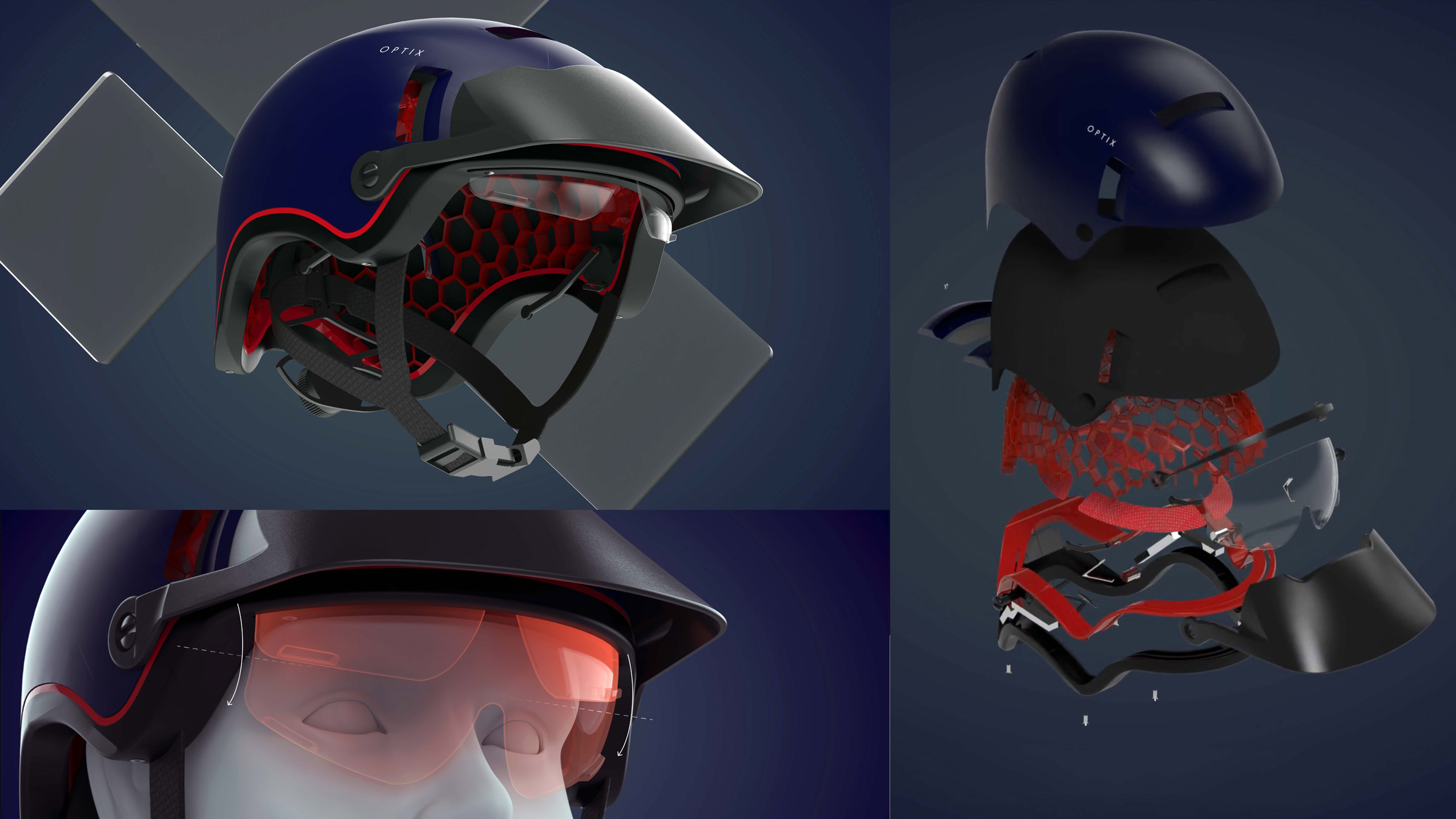 Visualisations of helmet with red accents