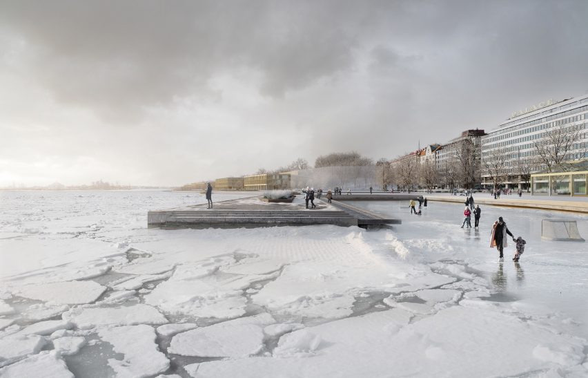 Rendering of people in public squares walking next to a frozen harbor and people skating in a small entrance
