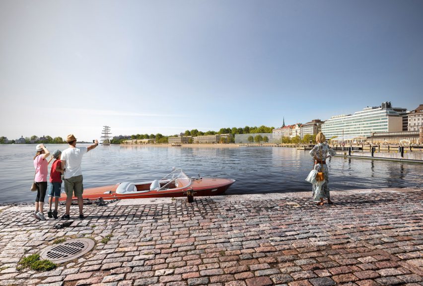Rendering of people photographing the Makasiiniranta development in the distance from another part of the harbour