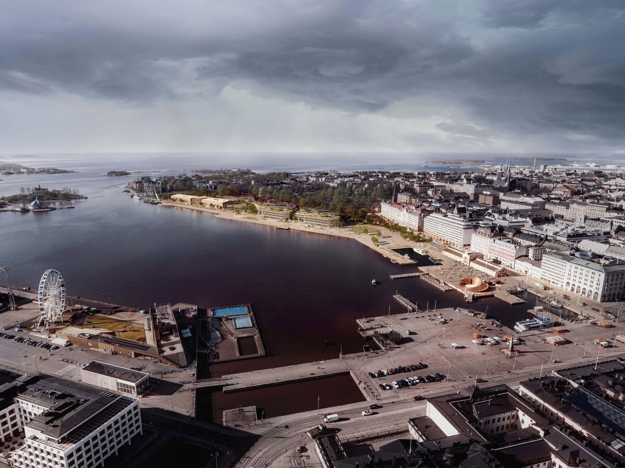 Rendering of an aerial view of Helsinki's harbour including the Makasiiniranta redevelopment