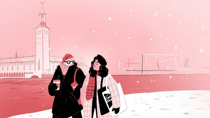 Illustration of two people walking in snow