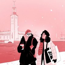 Illustration of two people walking in snow