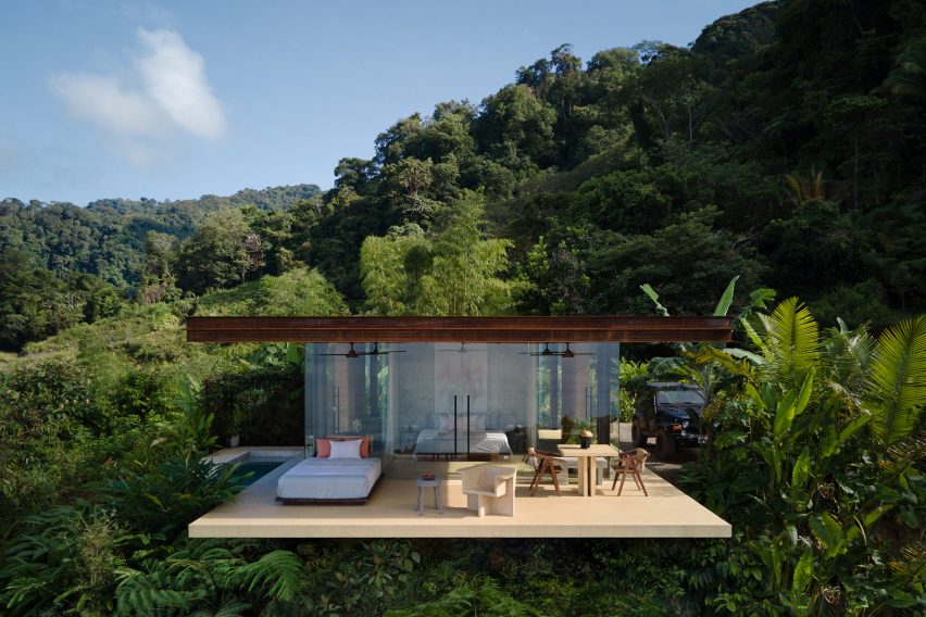 Open-air terrace on rectilinear villa that appears suspended above the Costa Rican jungle