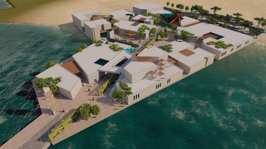 Rendering of a building complex by the sea