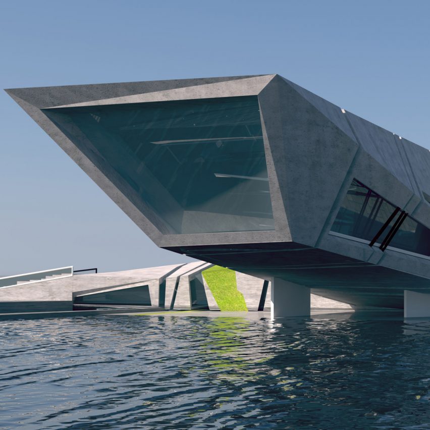 Rendering of a large building jutting out over water