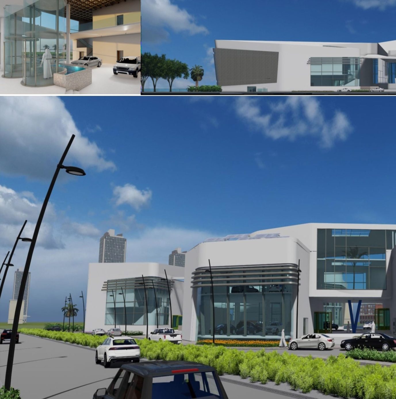 Collage of renders showing a large car showroom building