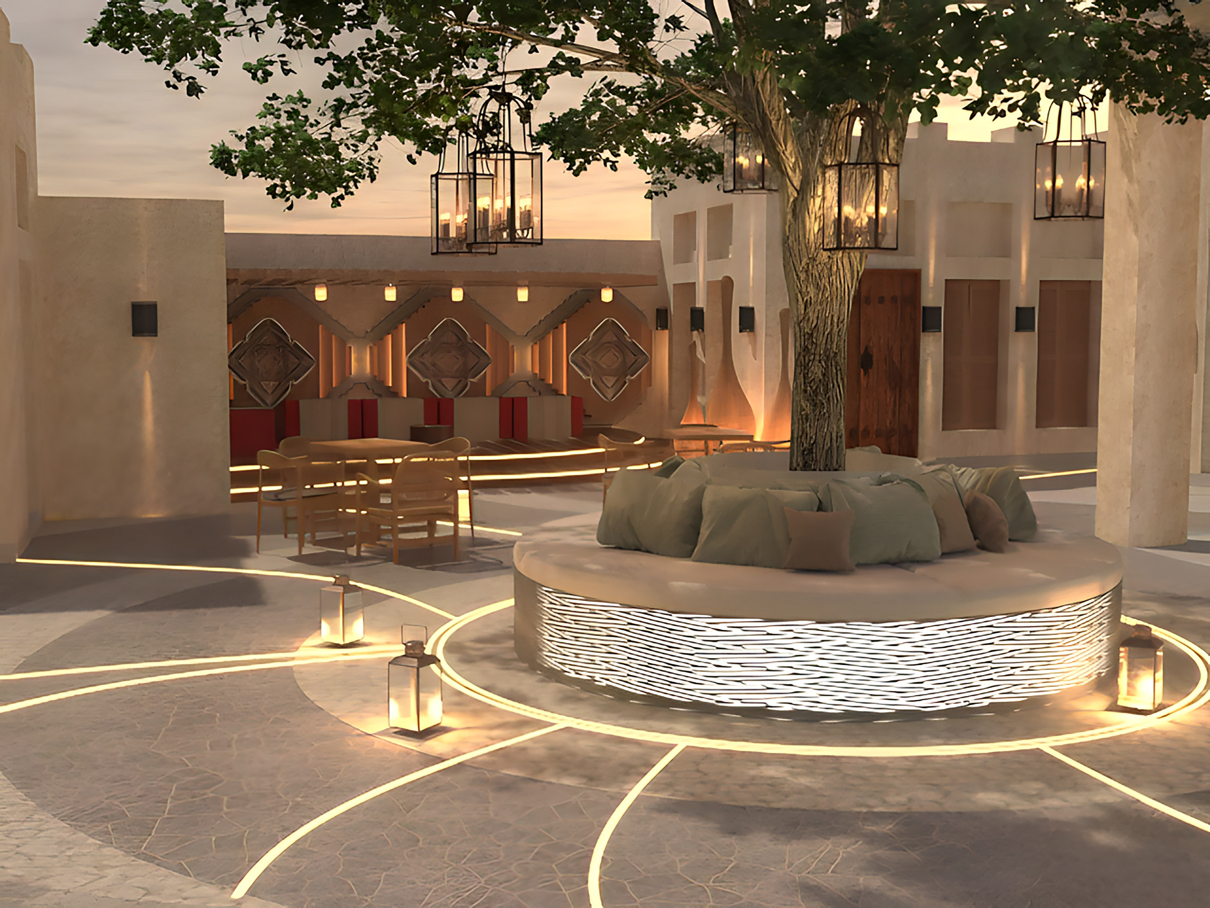 Rendering of an outdoor seating area with tree and lanterns
