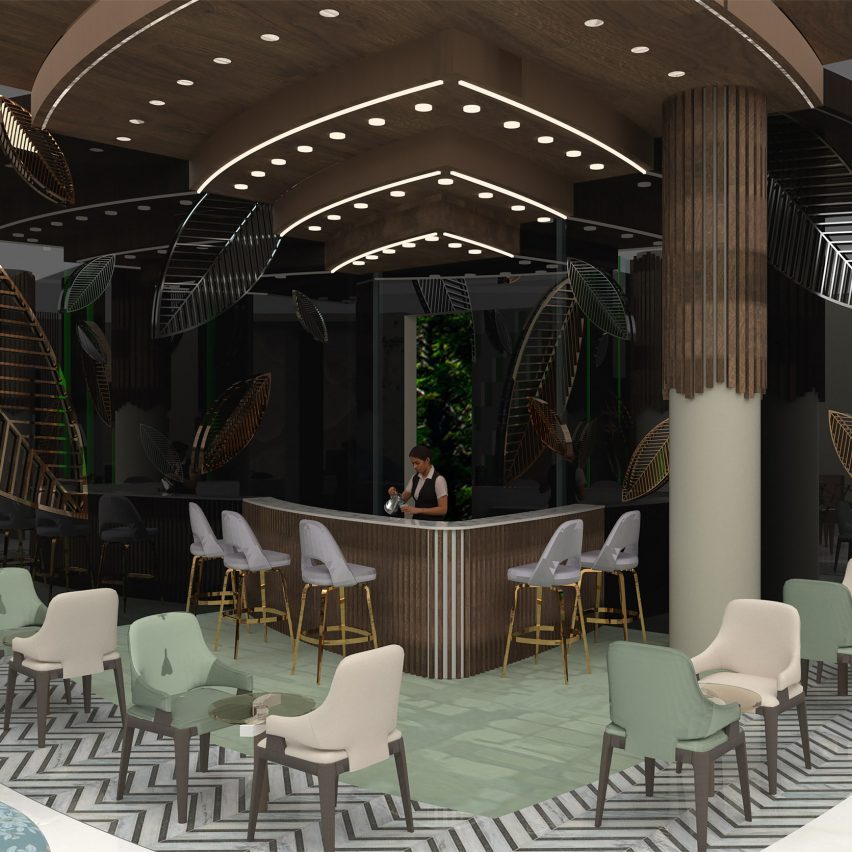 Rendering of bar area with tiered, LED-embedded ceiling