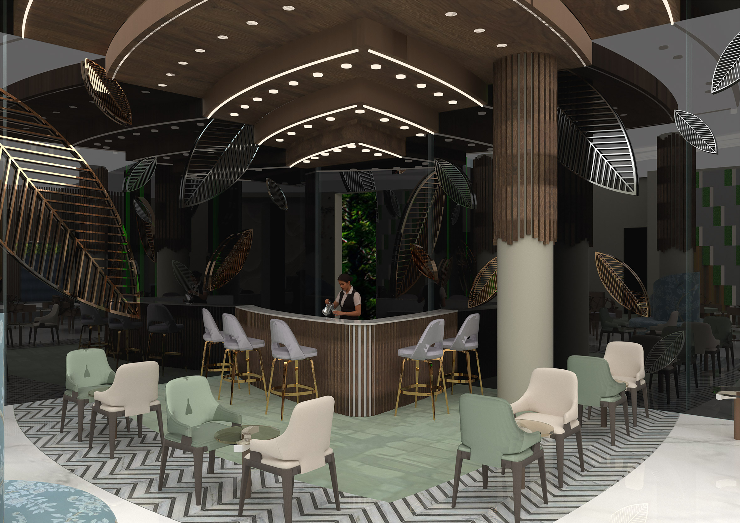 Rendering of bar area with tiered, LED-embedded ceiling