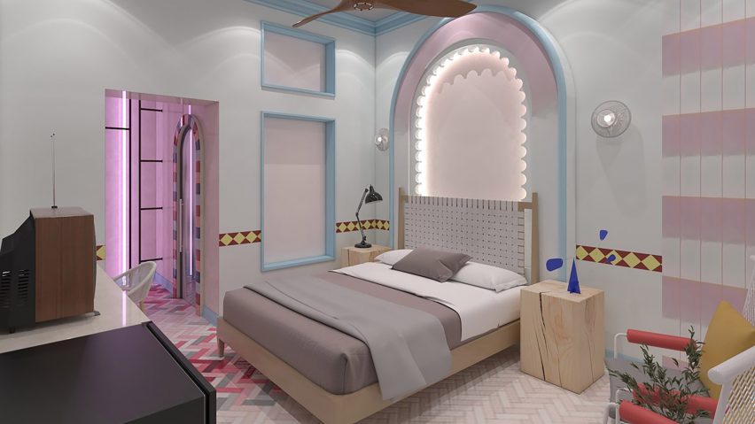 Rendering of pink hotel bedroom
