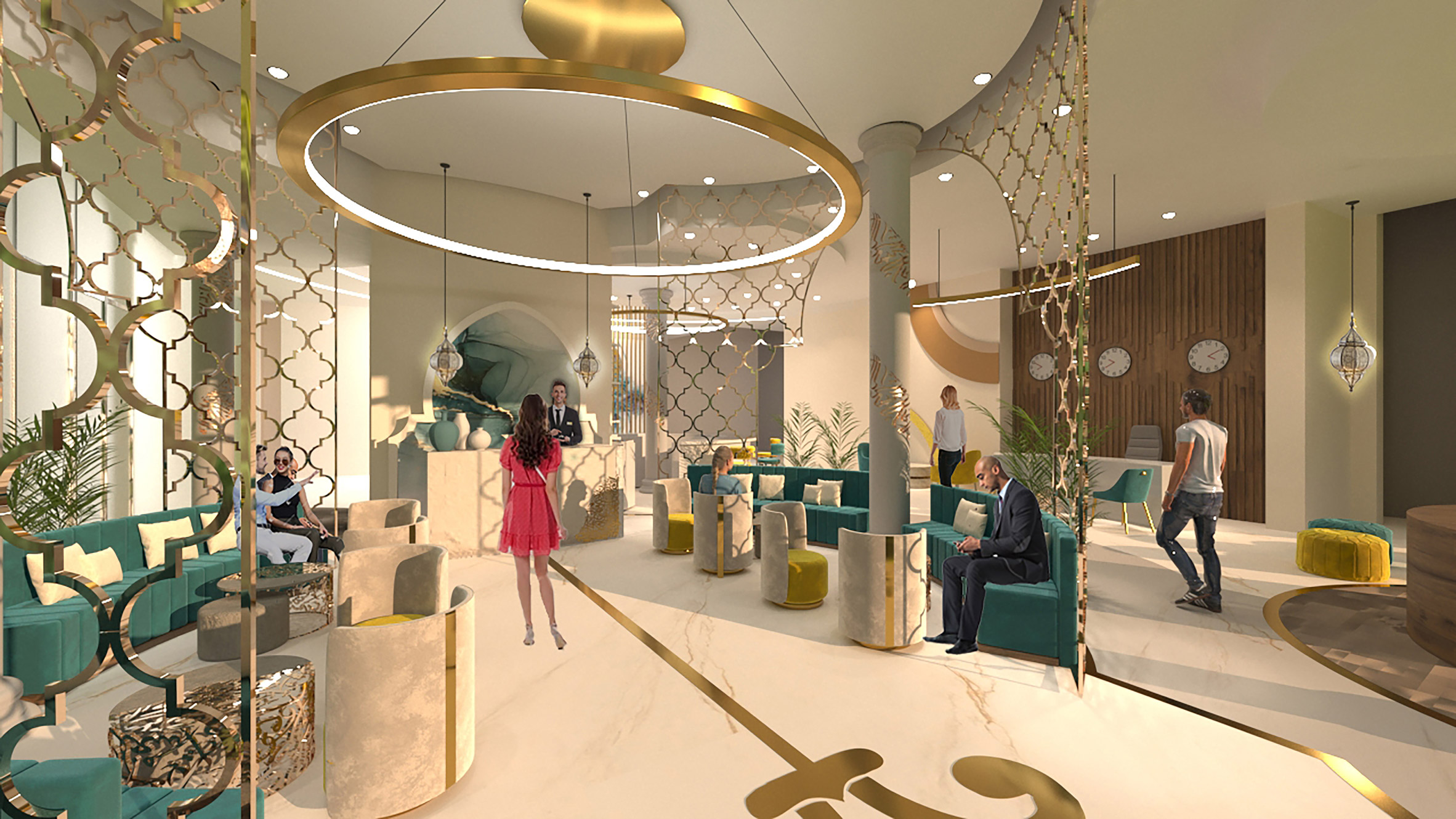 Rendering of gold hotel lobby