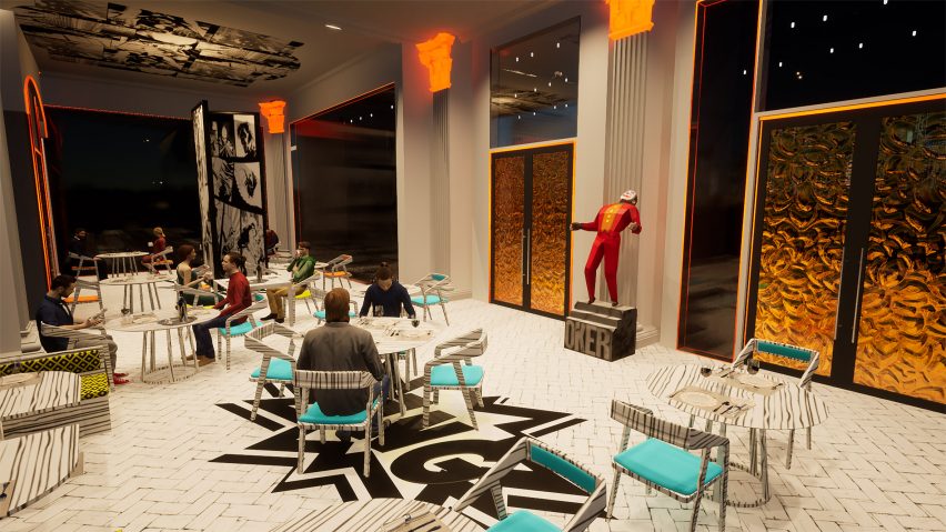Rendering of hotel lounge area with a statue of the Joker