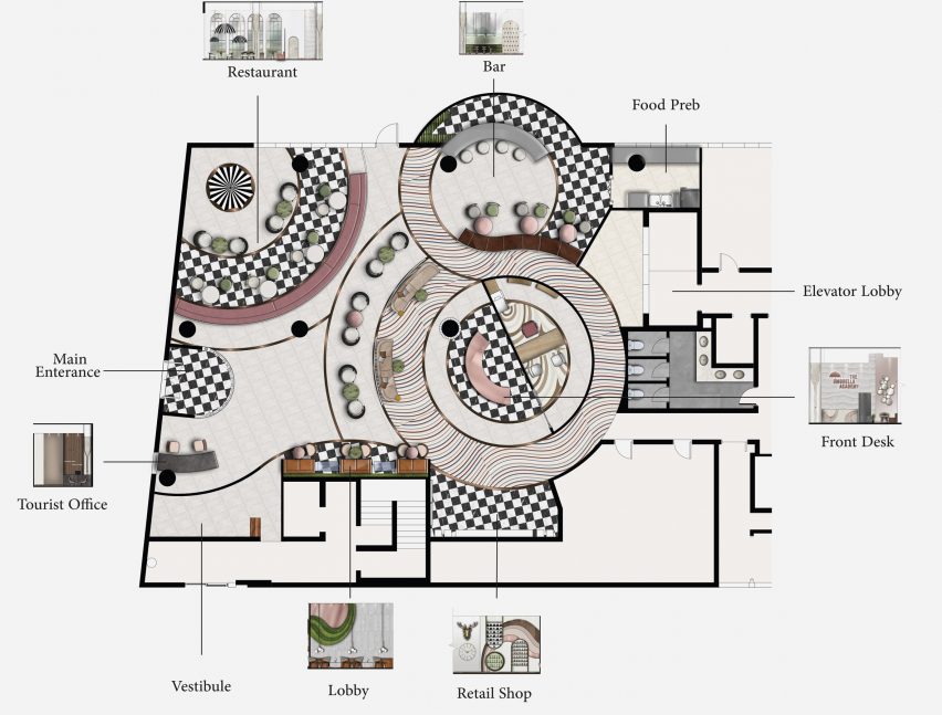Plan drawing of hotel with circular room at center