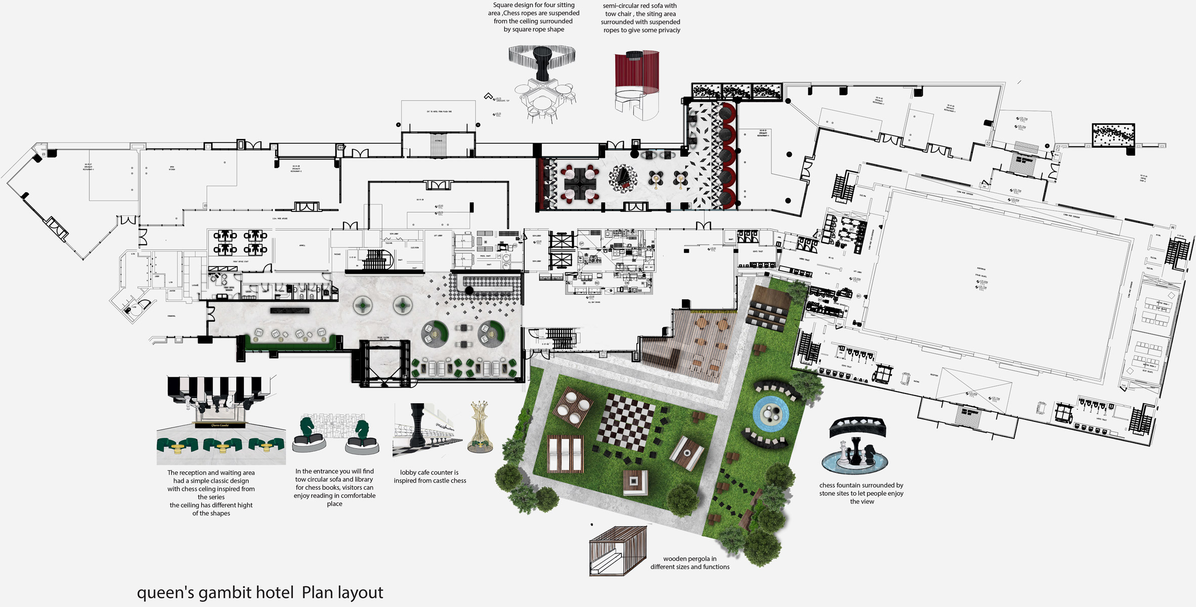 Plan drawing of sprawling hotel