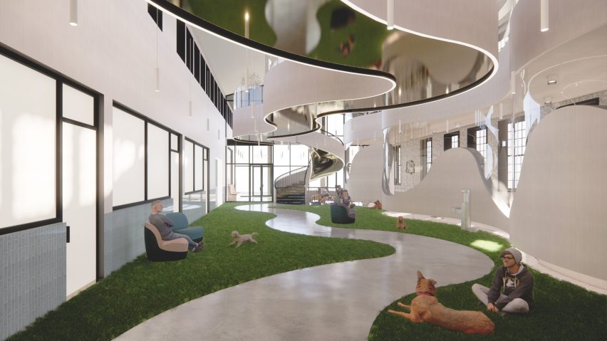 Visualisation of interior with snaking central walkway and grass at either side for dogs and owners