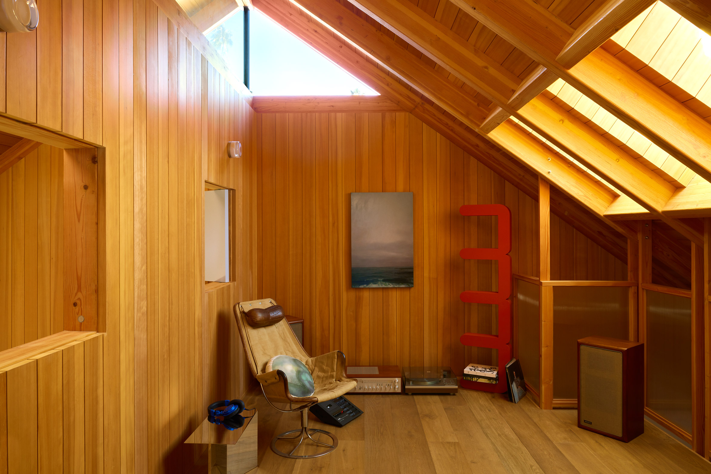 Hemlock-clad room within gabled main dwelling of B+B House