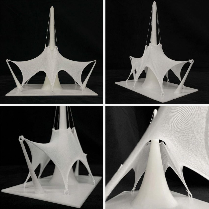 Four images of a white tensile fabric model on a black background