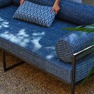 Blue upholstered outdoor sofa