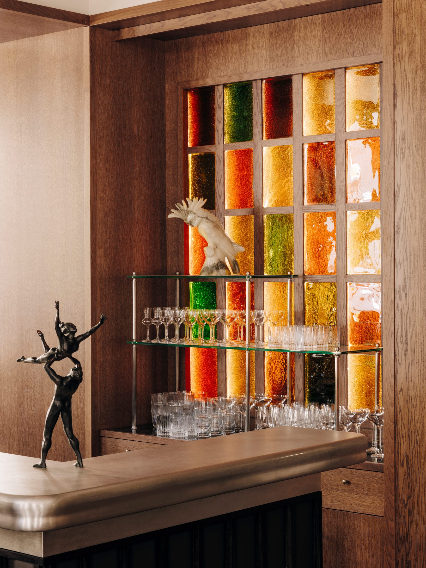 Stained glass backsplash to bar in Berlin hotel by Irina Kromayer, Etienne Descloux and Katariina Minits