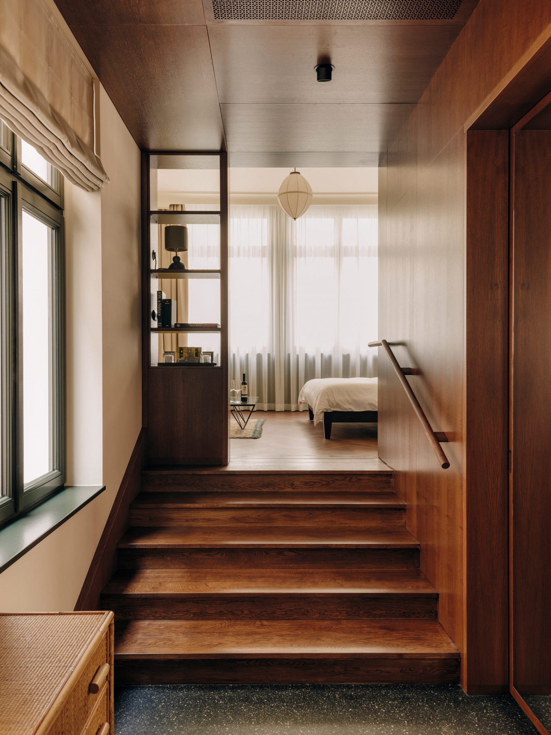 Wooden staircase in guest room of Berlin hotel by Irina Kromayer, Etienne Descloux and Katariina Minits