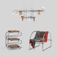 Cinco x Cinco furniture collection with chandelier, bar cart and chair