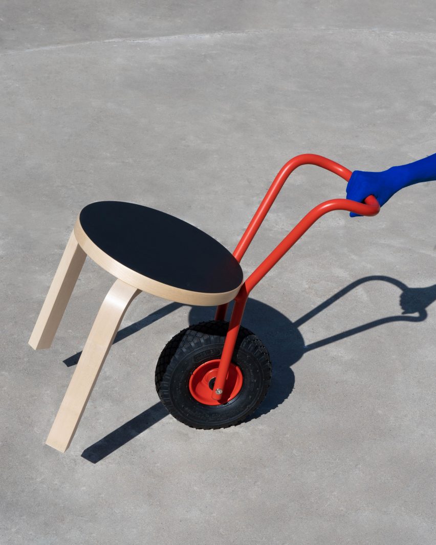 Wheeling is a wheelie chair made by Marco Renna at ÉCAL using an Artek stool