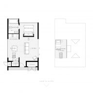Ground floor and mezzanine level floor plans of the Biv Punakaiki cabin by Fabric Architecture