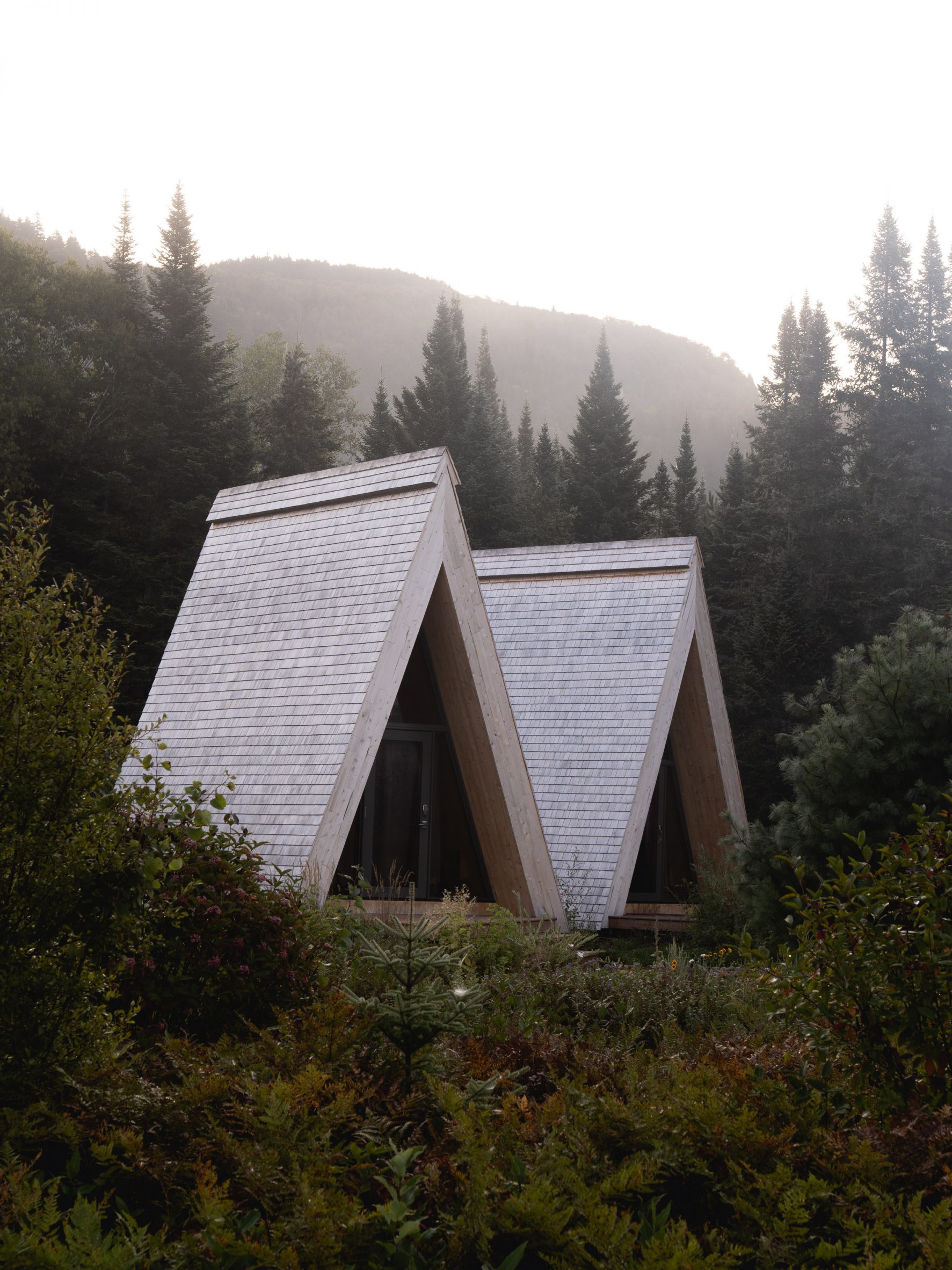 Two A-frame cabin structures in the Canadian woodland