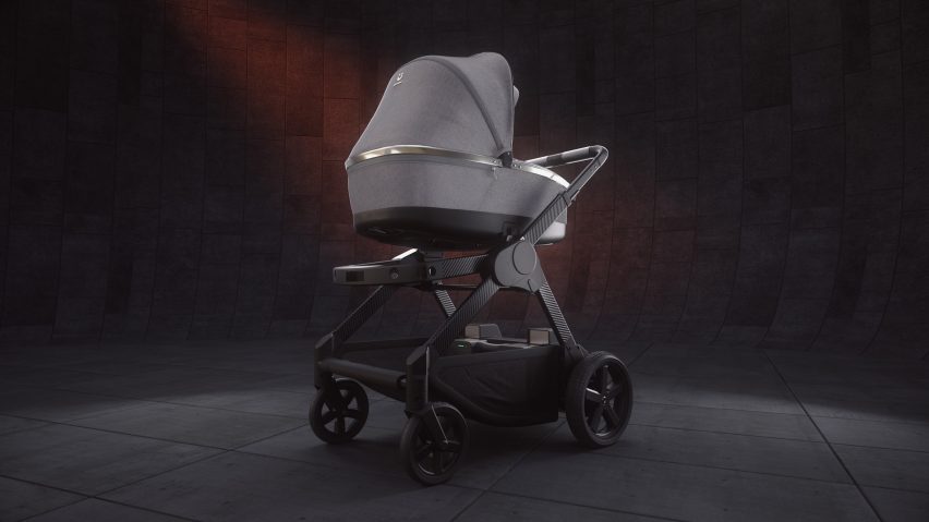 Neutral-toned pushchair with four wheels