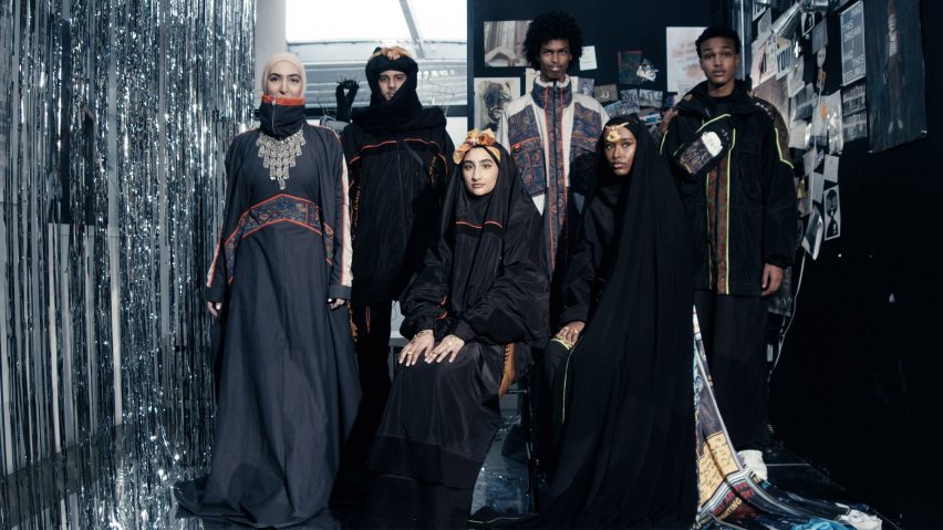 Six models wearing Kazna Asker's graduate fashion collection
