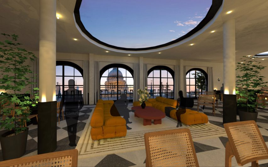 Visualisation of a bar seating area with St Pauls in the background