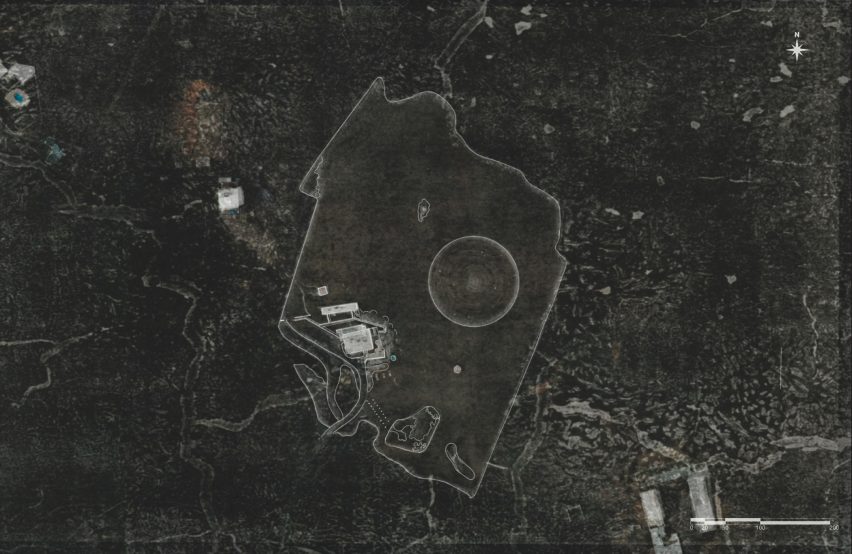 Visualisation showing an aerial view of a landscape with geometric overlay