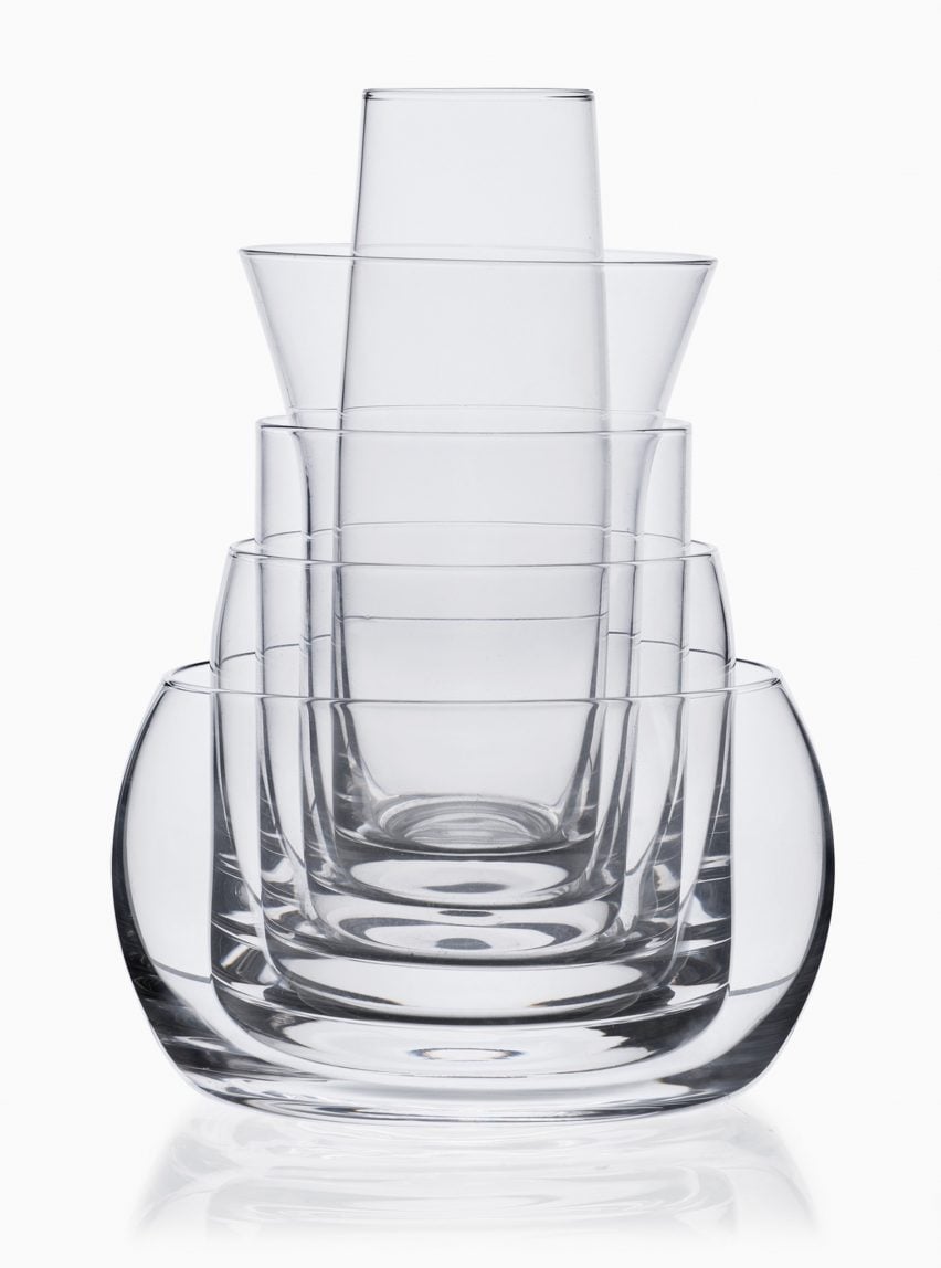 Photograph of glasses inside one another on white background