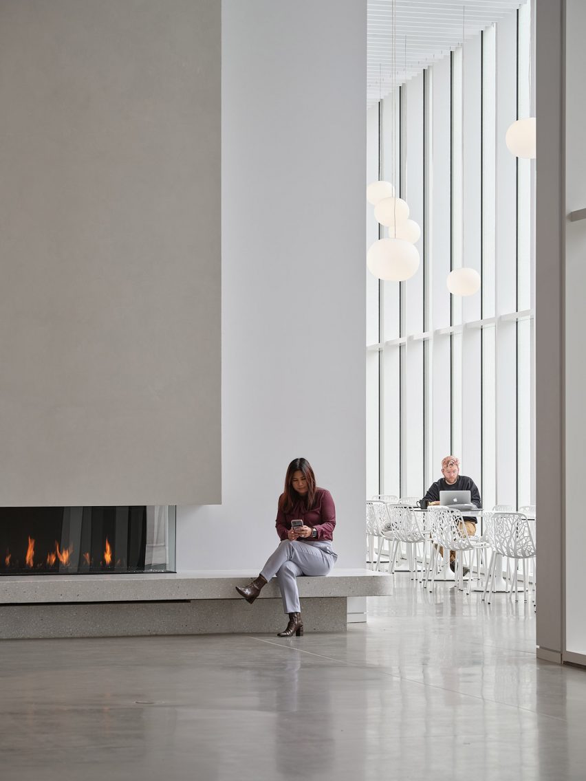 Long geometric fireplace and chimney at Beaverbrook Art Gallery