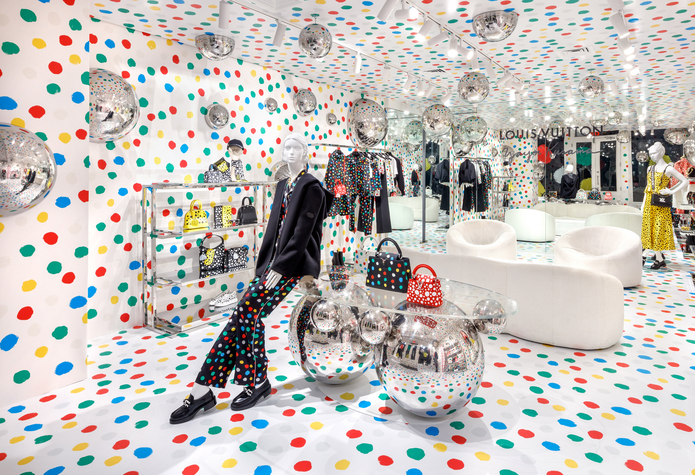 Interior image of the pop up Louis Vuitton and Yayoi Kusama store