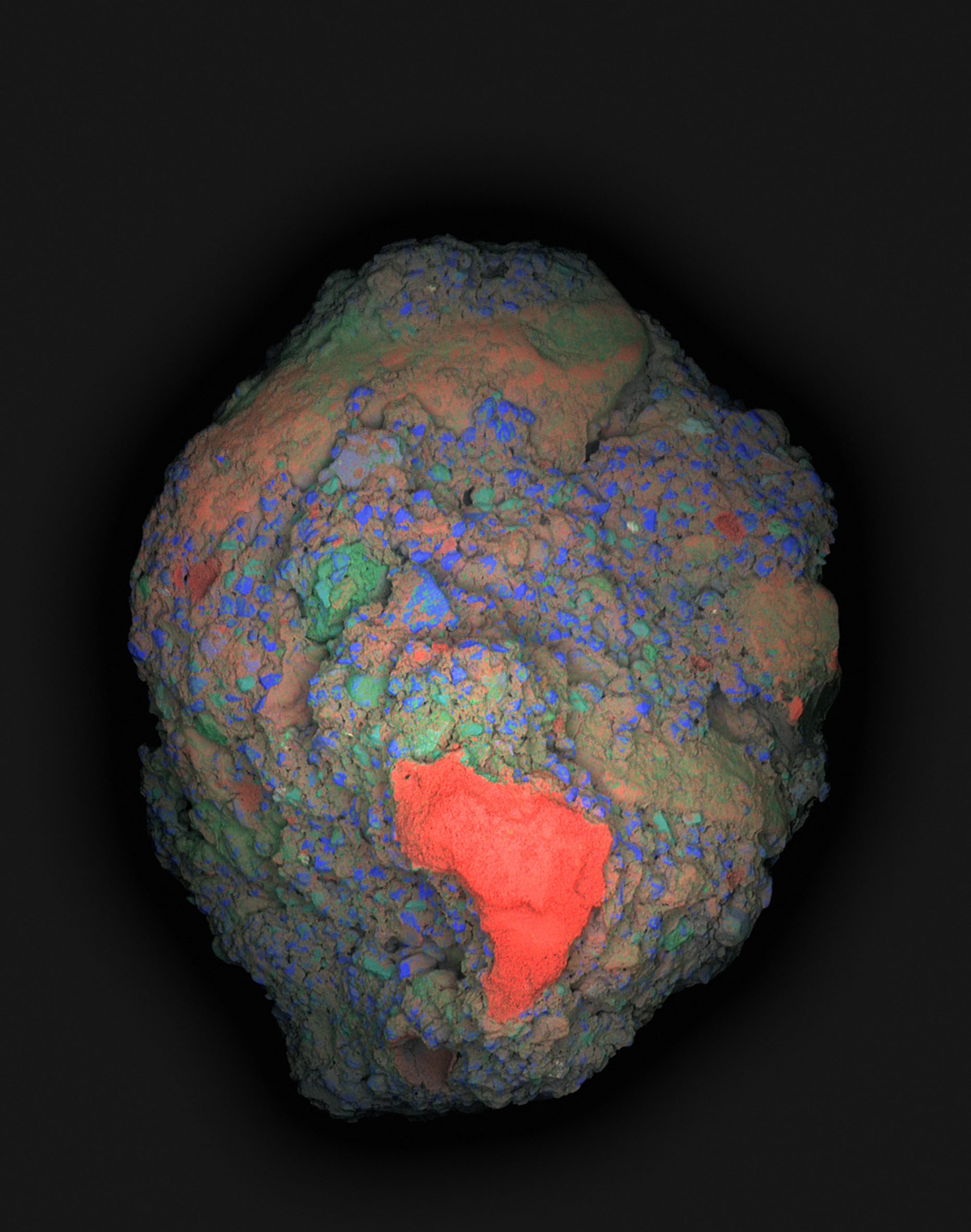 A large-area elemental map showing a big chunk of calcium showing up in red