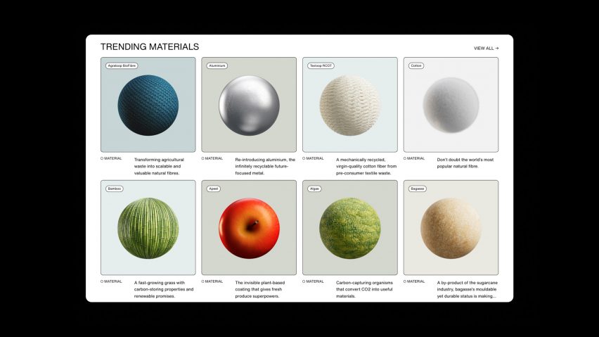 Render of eight materials from PlasticFree materials platform by A Plastic Planet