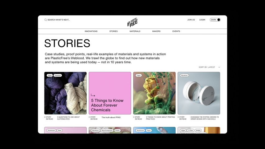 Captura de pantalla de un sitio web que muestra diferentes contenidos editoriales sobre alternativas al plástico