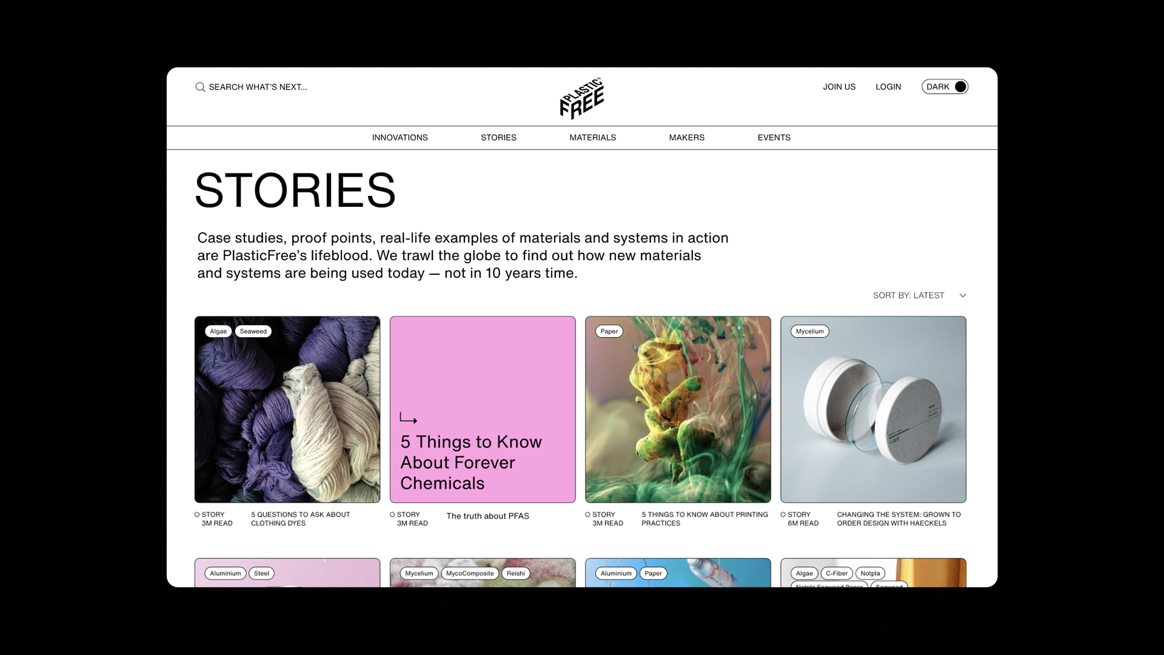 Screenshot of a website showing different editorial content about plastic alternatives