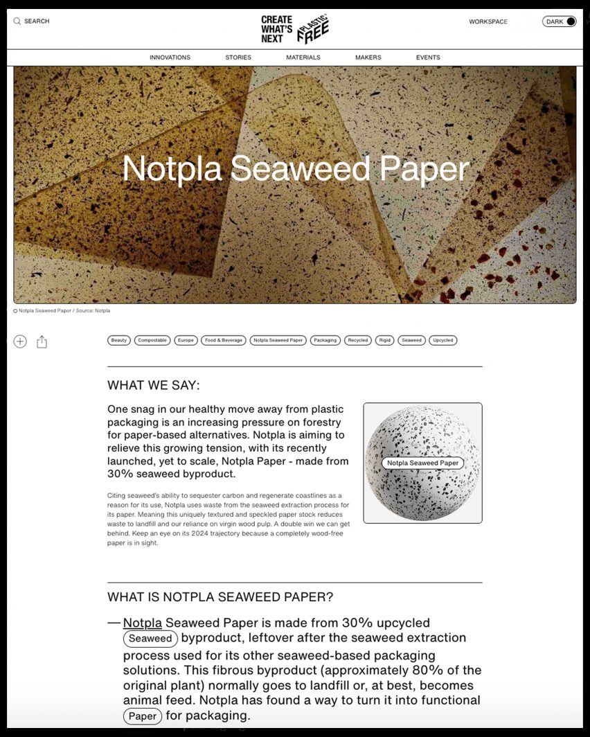 Captura de pantalla del perfil de Notpla Seawee Paper en la plataforma PlasticFree