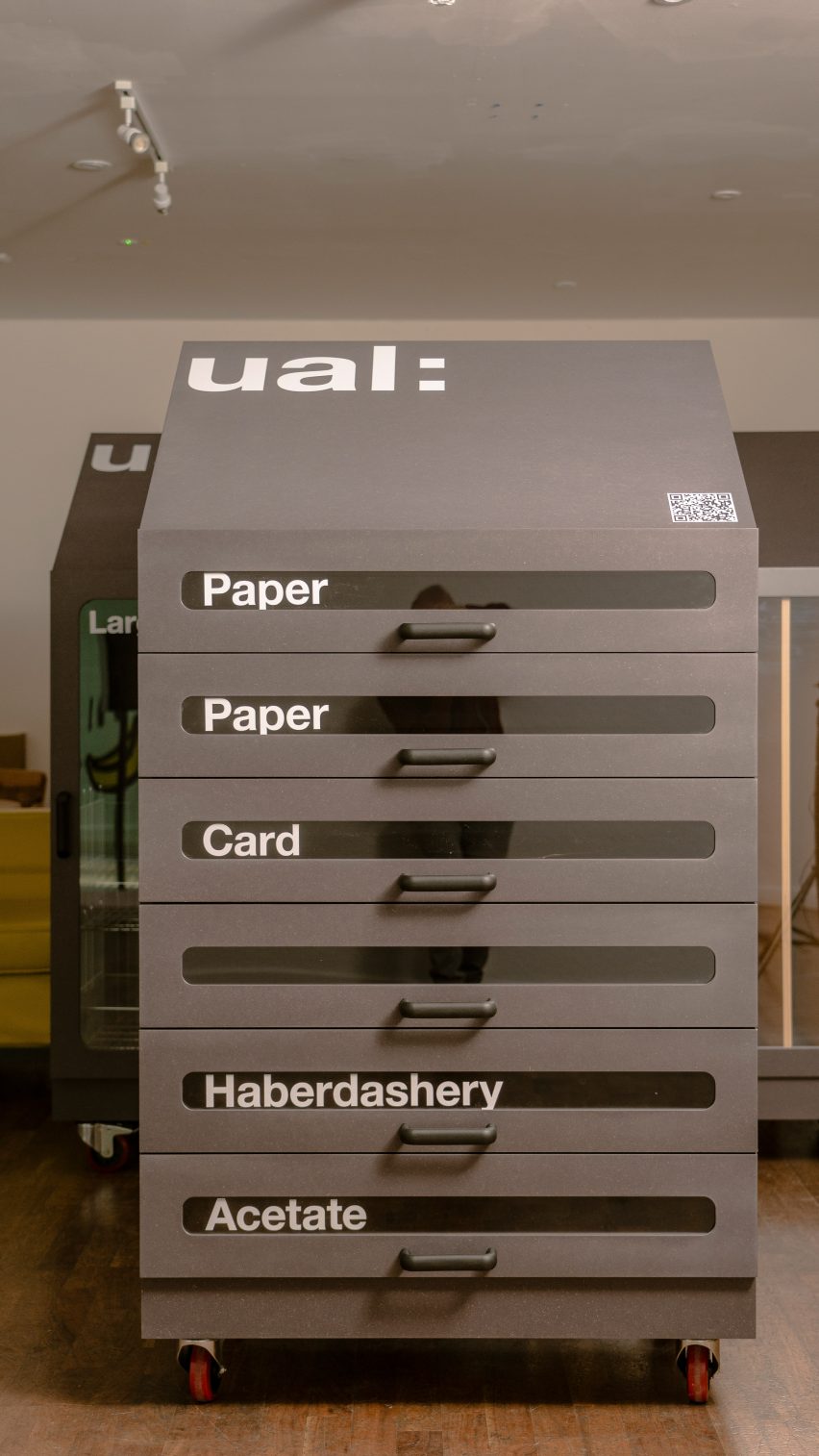 Material donation box for paper, board, haberdashery and acetate at the University of the Arts London (UAL)